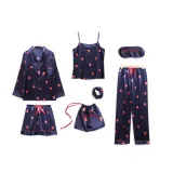Women 7 Pieces Satin Silk Sleepwear Long Sleeve Shirt and Pants with Eye Mask and Headband Pajamas Set