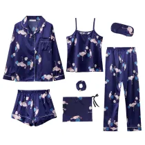 Women 7 Pieces Satin Silk Sleepwear Floral Printed Long Sleeve Shirt Sling Top and Pants Pajamas Set