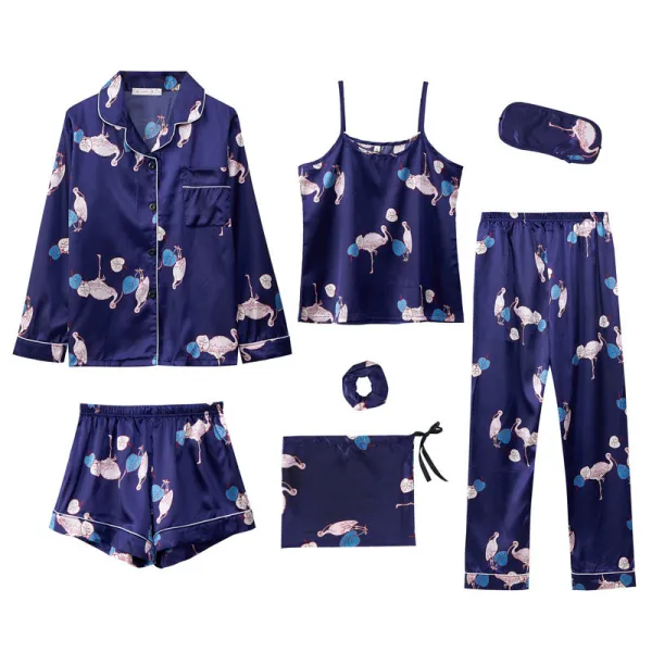 Women 7 Pieces Satin Silk Sleepwear Floral Printed Long Sleeve Shirt Sling Top and Pants Pajamas Set