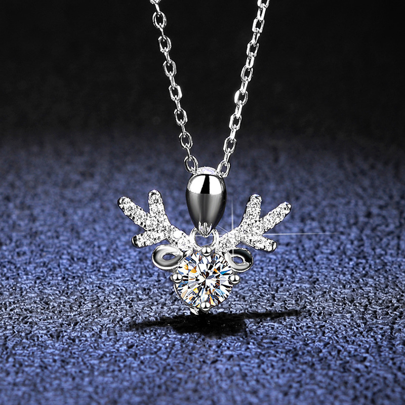 Sterling Silver Elk Antlers Moissanite Diamond Pendant Necklace