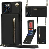 Zipper Leather Wallet Drop Proof Phone Case for iPhone13 12 11 Pro Max with Crossbody Lanyard