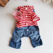 Pet Small Dog Cloth Red Striped Hooded Shirt Denim Overall Puppy Cloth