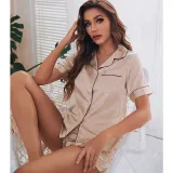 Women 2 Pieces Satin Silk Sleepwear Short Sleeve Button Shirt and Shorts Pajamas Set