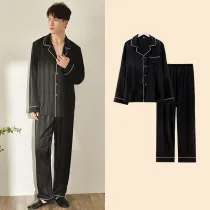 Men 2 Pieces Satin Silk Sleepwear Long Sleeve Shirt and Pants Pajamas Set