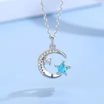 Sterling Silver Moon Stars Zirconia Diamonds Pendant Necklace