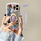 Curved Edge Mirror Drop Proof Phone Case for iPhone13 12 11 Pro Max with Purple Pearl Gemstone Bracket