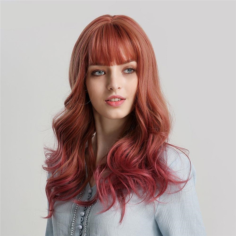 Women Long Brown Mix Blonde Wave Wigs With Neat Bangs