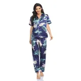 Women 2 Pieces Satin Silk Sleepwear Palm Printed Short Sleeve Shirt and Pants Pajamas Set