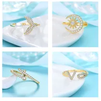 Silver Gold Zircon Fishtail Moon Sun Jewelry Inlaid Diamond Adjustable Size Women Ring