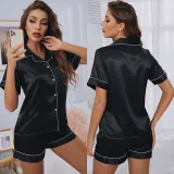 Women 2 Pieces Satin Silk Sleepwear Short Sleeve Button Shirt and Shorts Pajamas Set
