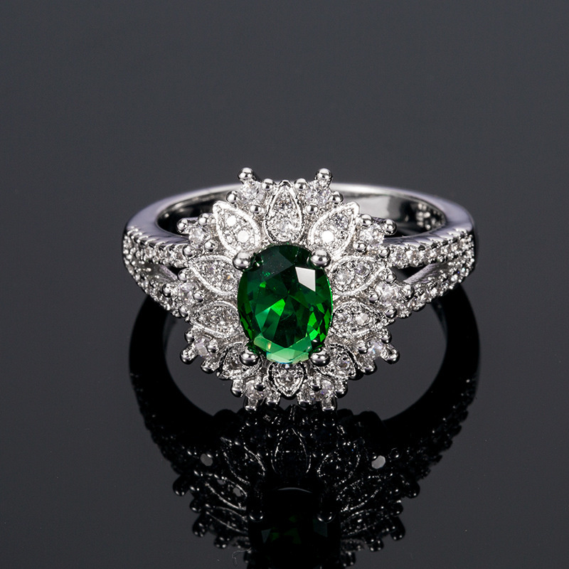 Green Silver Zircon Flower Fashion Jewelry Inlaid Diamond Women Ring