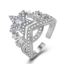 Silver Zircon Stars Crown Jewelry Inlaid Diamond Adjustable Size Women Ring