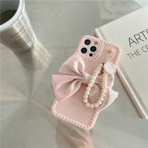 3D Bowknot Drop Proof Phone Case for iPhone13 12 11 Pro Max with Pearl Chain
