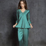 Women 2 Pieces Satin Silk Sleepwear Long Sleeve V-neck Top and Pants Pajamas Set