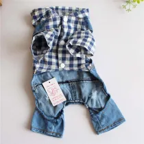 Pet Dog Cloth Blue Lattice Shirt Denim Overall Puppy Cloth