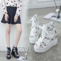 Women Peep Toe Cross Tie Cut Outs Zipper Platform Wedge Sandals