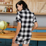Women 2 Pieces Cotton Black and White Plaid Sleepwear Short Sleeve Button Plaid Shirt and Pants Pajamas Set