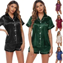 Women 2 Pieces Satin Silk Sleepwear Short Sleeve Shirt and Shorts Pajamas