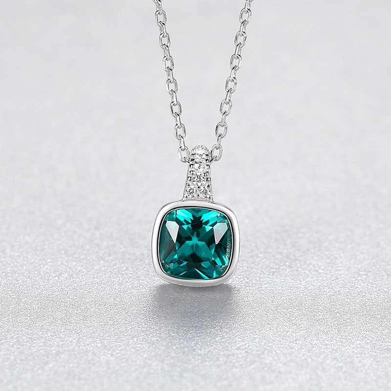 Sterling Silver Princess Cut Zirconia Emerald Pendant Necklace
