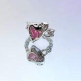 Pink Crystal Irregular Heart Creative Opal Broken Heart Rings For Women Geometric Zircon Open Ring Vintage Jewelry