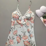 Women Satin Silk Sleep Dress Floral Printed Sling Backless Dress Pajamas