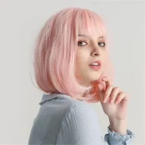 Women Short Lovely Pink Bob Wigs With Neat Bangs