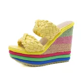 Women Open Toe Weave Strap Colorful Wedge Sandal Slipper