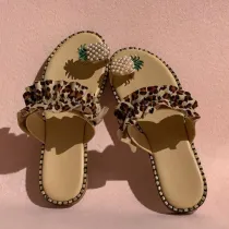 Women Rhinestone Crystal Pearls Pineapple Flip Flop Ruffles Flat Slip-on Sandals Slippers