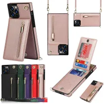 Zipper Leather Wallet Drop Proof Phone Case for iPhone13 12 11 Pro Max with Crossbody Lanyard
