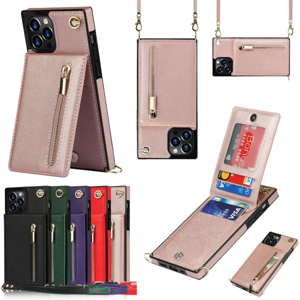 Zipper Leather Wallet Drop Proof Phone Case for iPhone13 12 11 Pro Max with Crossbody Lanyard