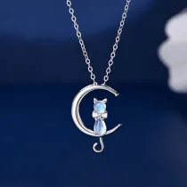 18K White Gold Moon Cat Pendant Gemstone Pendant Necklace