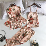 Women 3 Pieces Satin Silk Sleepwear Pajamas Robe Nightgown Floral Printed Sling Top and Pants Pajamas Set