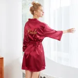 Women Satin Silk Sleep Dress Long Sleeve Lace Mini Dress Robe Pajamas