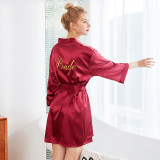 Women Satin Silk Sleep Dress Long Sleeve Lace Mini Dress Robe Pajamas