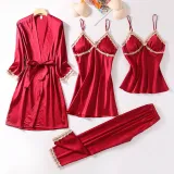 Women 4 Pieces Satin Silk Sleepwear Lace Robe Nightgown and Cami Tops Pants Pajamas Set