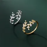Silver Zircon Leaves Fashion Jewelry Inlaid Diamond Adjustable Size Women Ring