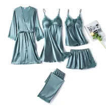 Women 5 Pieces Satin Silk Sleepwear Cami Top and Robes Pajamas Set