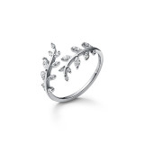 Silver Zircon Leaves Fashion Jewelry Inlaid Diamond Adjustable Size Women Ring