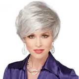 Women Synthetic Silver Pretty Short Hair Natural Wigs Fluffy Cut Full Wig