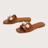 Women Lenuine Leather Pearls Block Flat Sandals Shoes