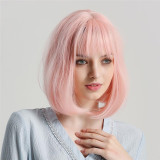 Women Short Lovely Pink Bob Wigs With Neat Bangs
