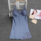 Women Satin Silk Sleep Dress Sling Lace Embroidery Swing Mini Dress Pajamas