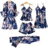 Women 5 Pieces Satin Silk Sleepwear Floral Printed Robe Lace Comi Top and Shorts Pajamas Set