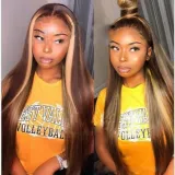 Women Synthetic Long Straight Wigs Mixed Golden Brown Hair Middle Parting Wig