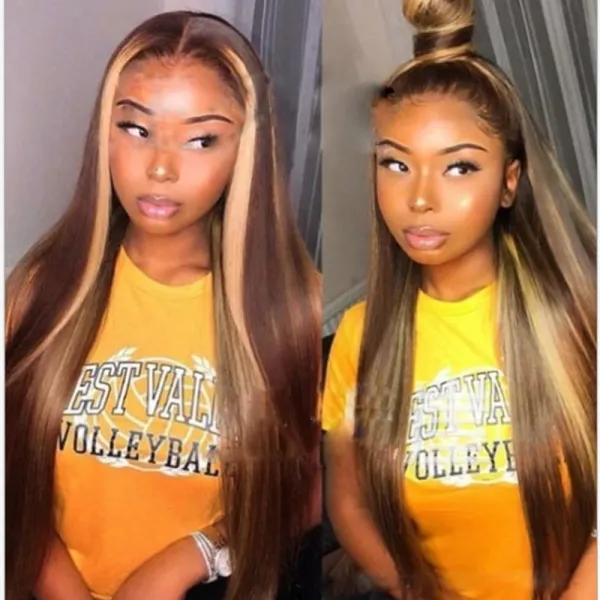 Women Synthetic Long Straight Wigs Mixed Golden Brown Hair Middle Parting Wig