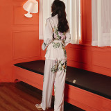 Women 2 Pieces Satin Silk Floral Printed Sleepwear Long Sleeve Surplice Top with Belt and Long Pants Pajamas Set