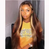 Women Synthetic Long Straight Wigs Mixed Golden Brown Hair Middle Parting Wig