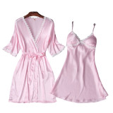 Women 2 Pieces Satin Silk Sleep Dress Sling Mini Dress and Cami Robe Pajamas Set