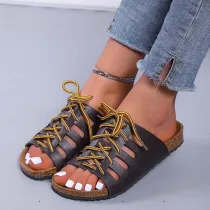Women Open Toe Cross Tie Hollow Out Flat Sandal Slipper