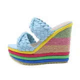 Women Open Toe Weave Strap Colorful Wedge Sandal Slipper